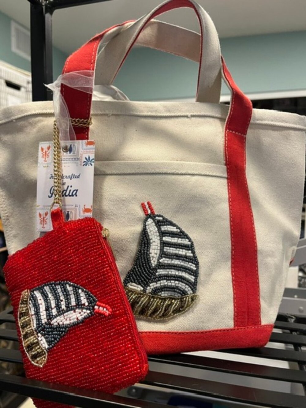 NWT Canvas Beaded Sailboat Wristlet Wallet & Mini Tote Bag